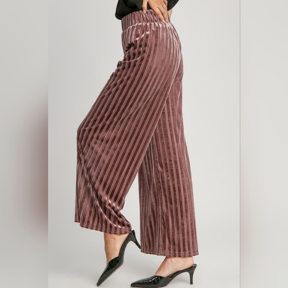 Umgee Velvet High-Rise Retro Pants Wide Leg Boho Metallic Stripe Elastic Waist - Picture 10 of 12